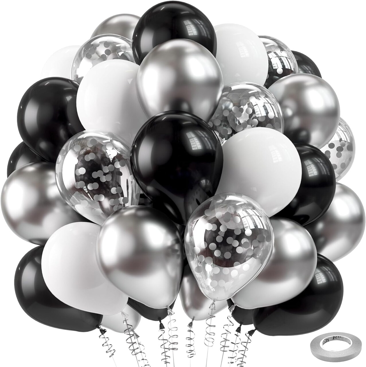 Black Silver Confetti Latex Balloons,60pcs 12 inch Black White Silver Metallic Chrome and Silver Confetti Balloons for Birthday, Baby Shower, Wedding, and Silver Theme Party Decoration